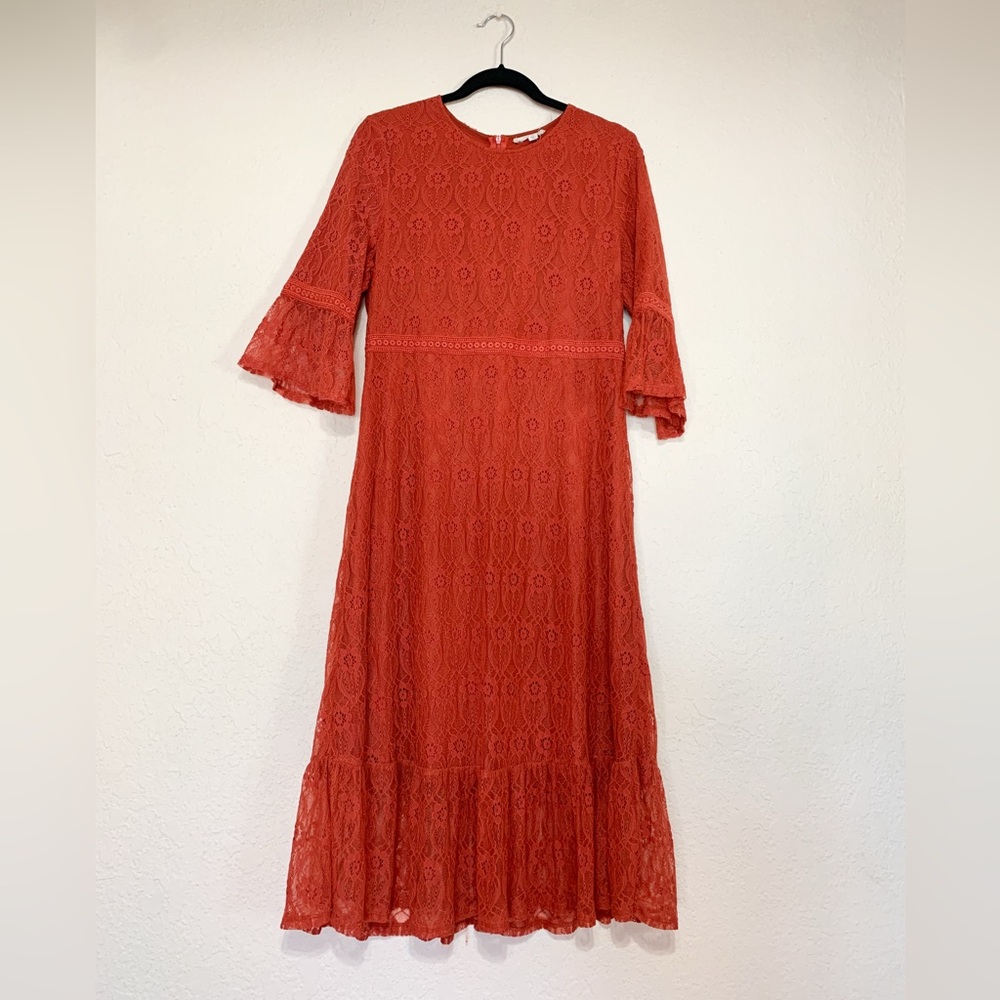 Tea n Rose Lace Long Sleeve Dress in Orange
